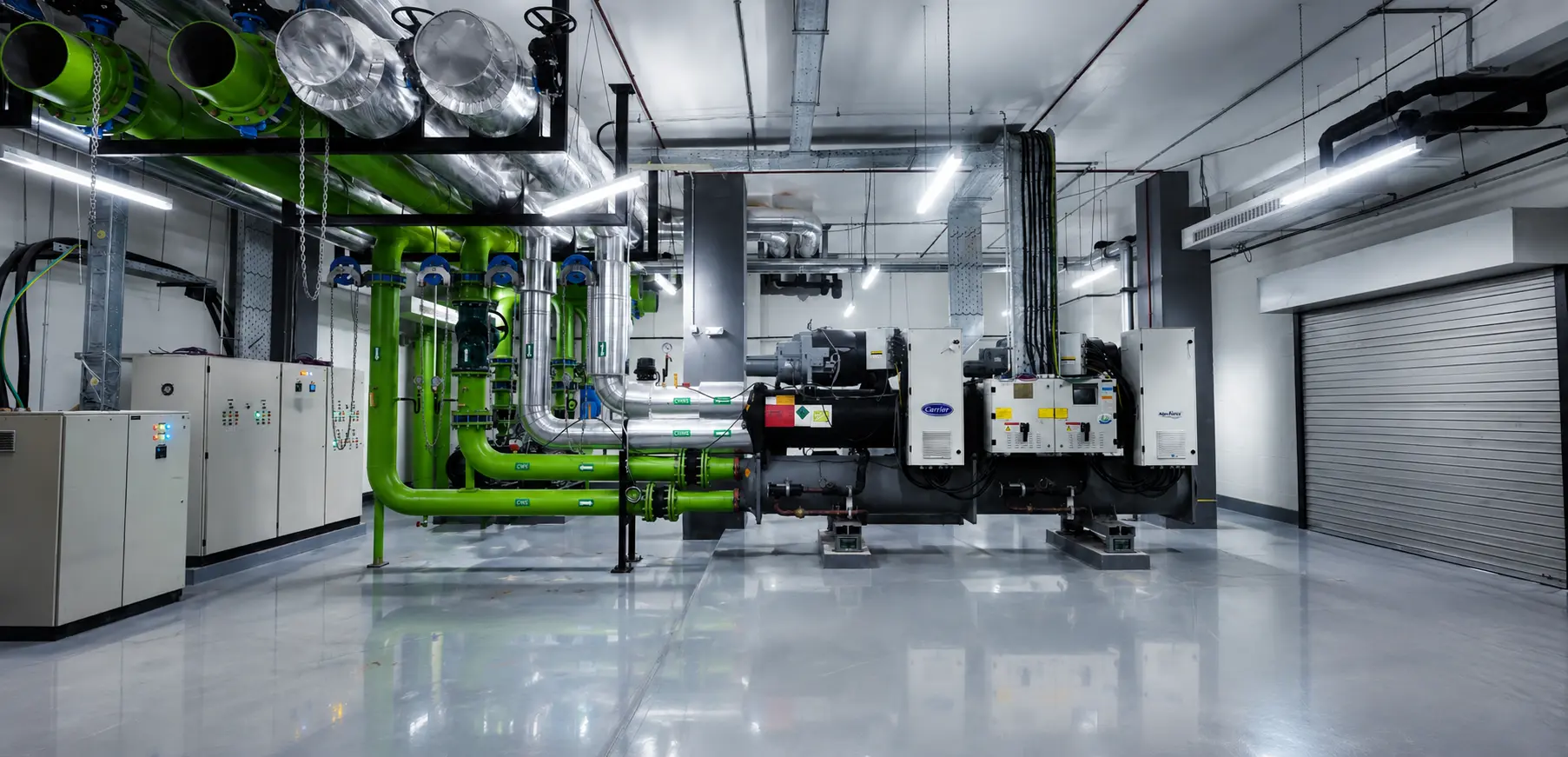 Chiller room with pipes and machinery.