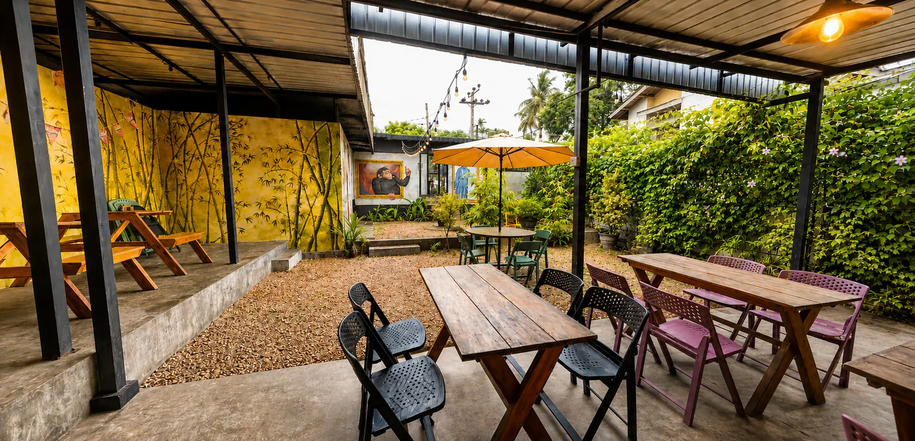 Tropical outdoor café courtyard